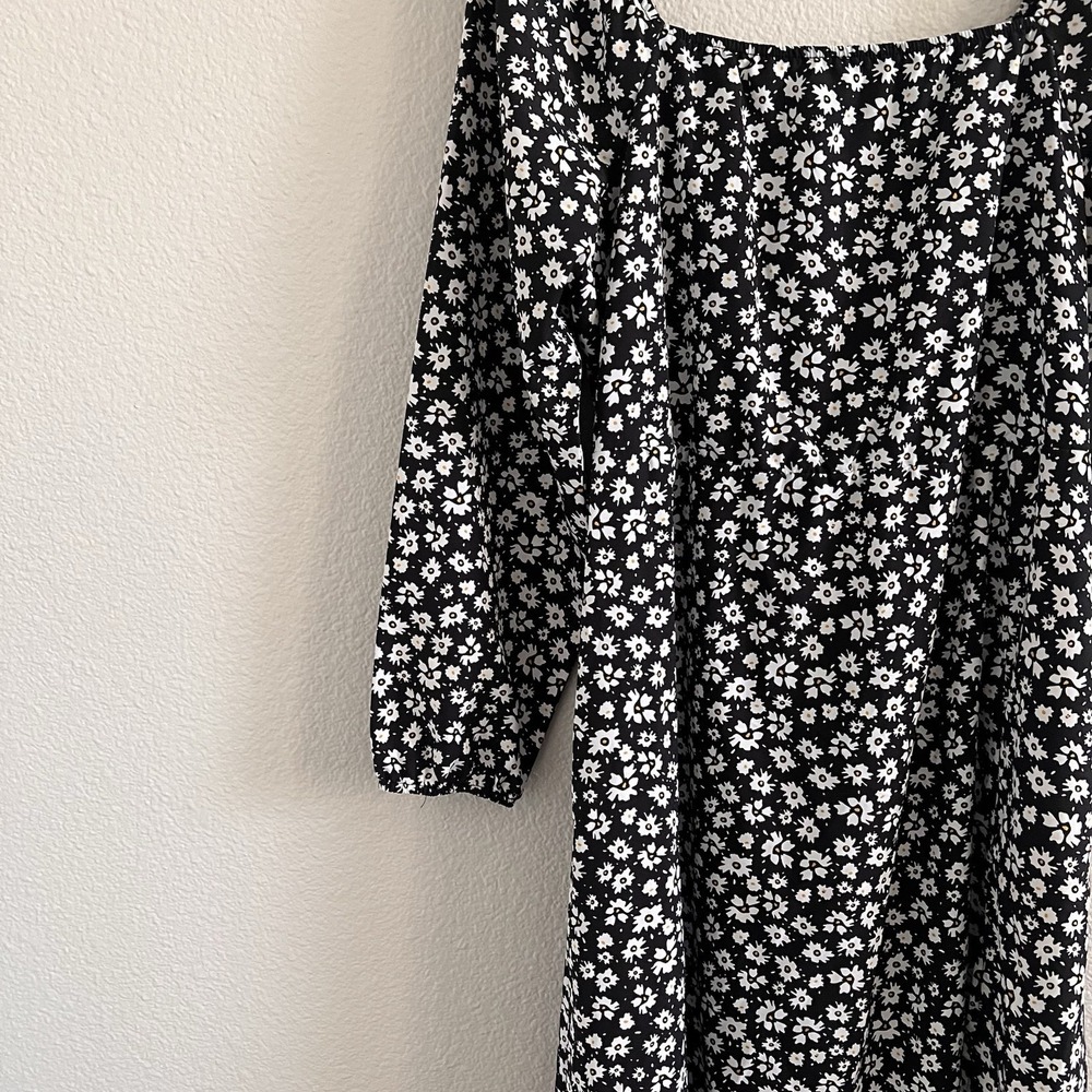 Women's 2XL midi Smocked Puff sleeve Black white floral dress cottage Milkmaid - Picture 5 of 6